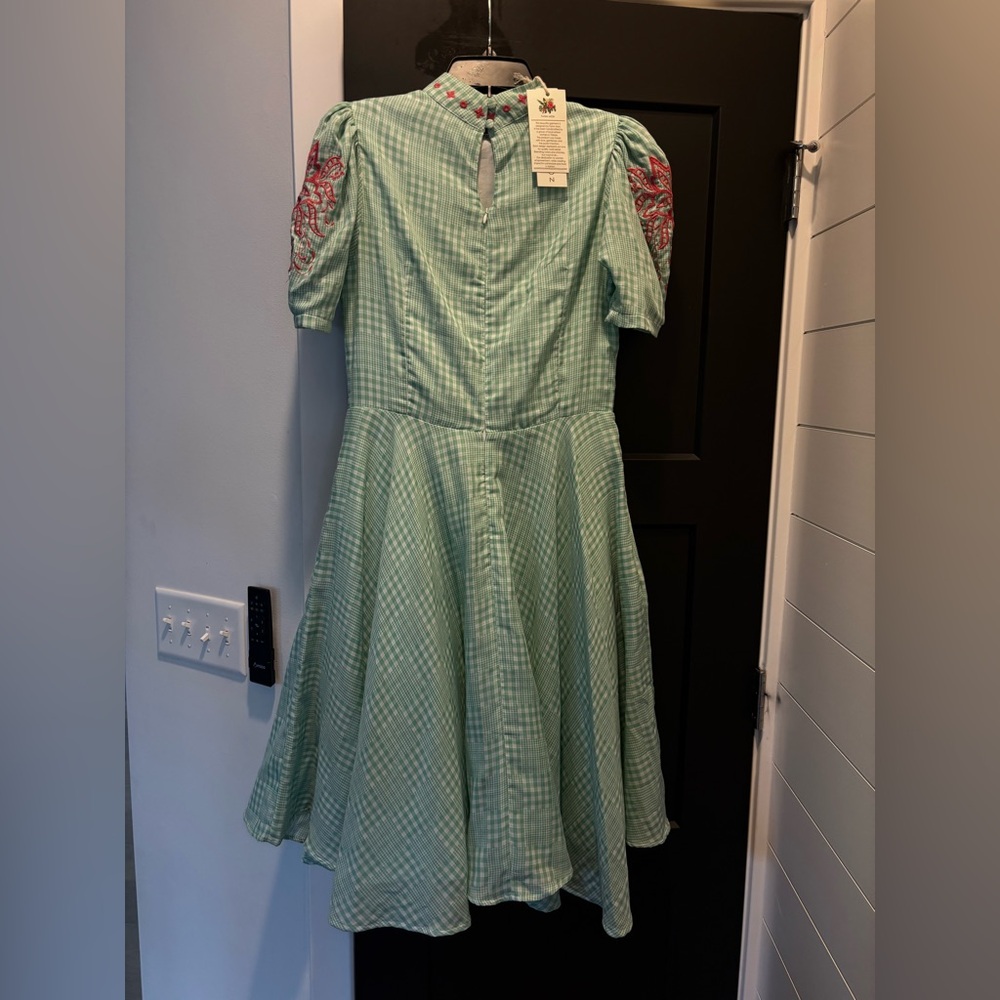 Fanm Mon Lipno Dress Midi Mini Floral Embroidered Green Checker Plaid Small NWT - Picture 10 of 16